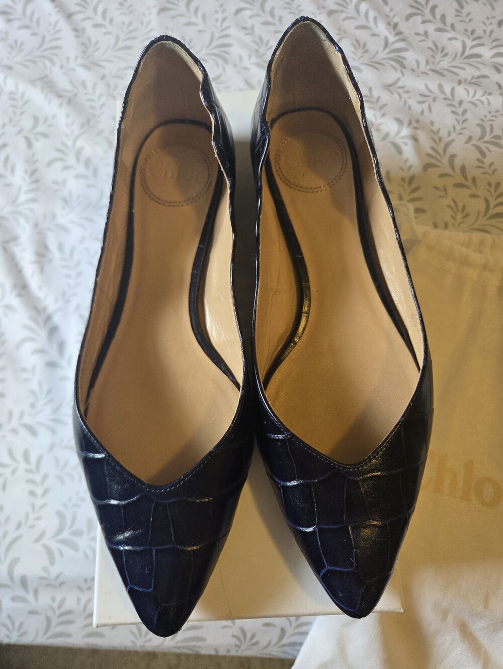 Chloe Black Croc-Embossed Pointed Toe Flats